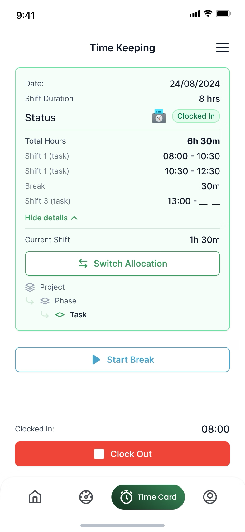 Arcflow mobile app showing clock-in with on-site location confirmation