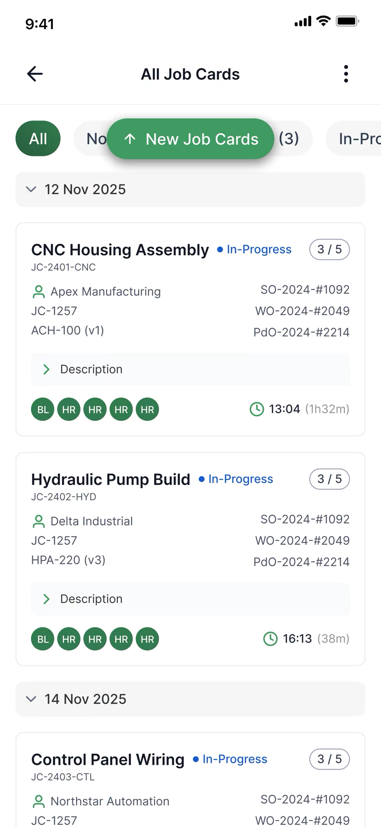 Arcflow mobile app showing a production job card open on a phone