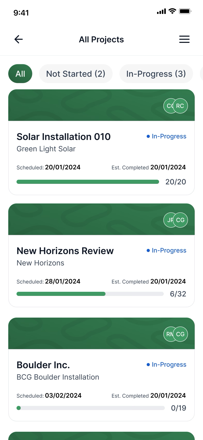 Arcflow mobile app showing active projects with schedules and completion progress