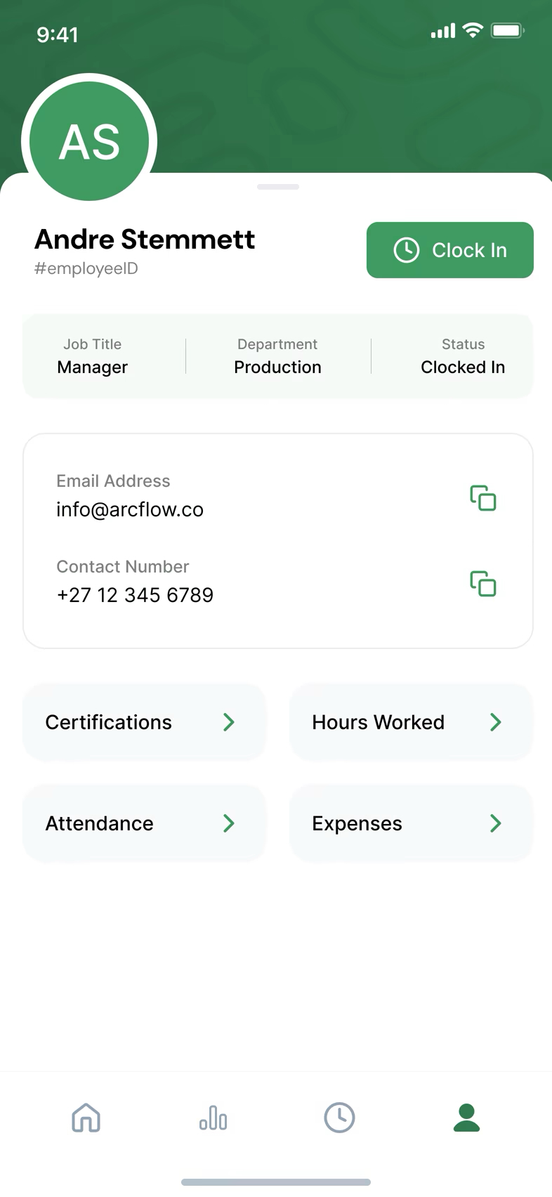 Arcflow mobile app showing certifications, attendance and leave requests